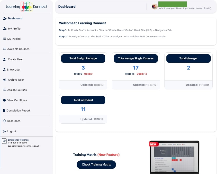 How to set up a company account on Learning Connect,  Once I set up, how can I buy courses? How can I create a staff account and assign courses to the staff? Am I able to track the staff training? Is there a Training matrix available?